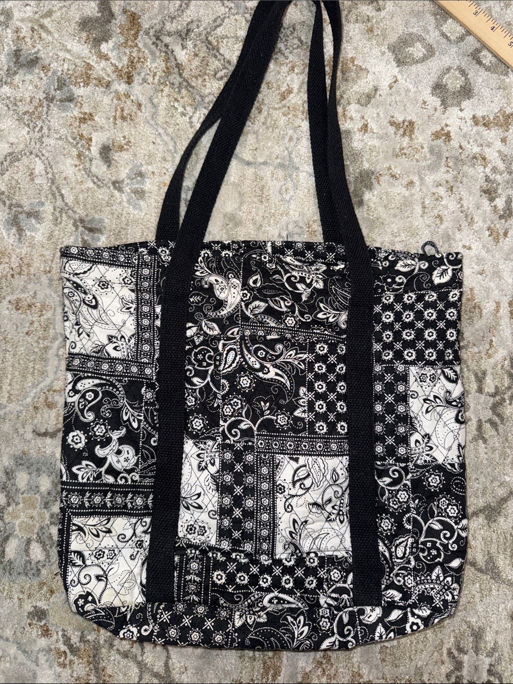 Quilted Black & White Patchwork Paisley Tote Bag with pockets and zipper